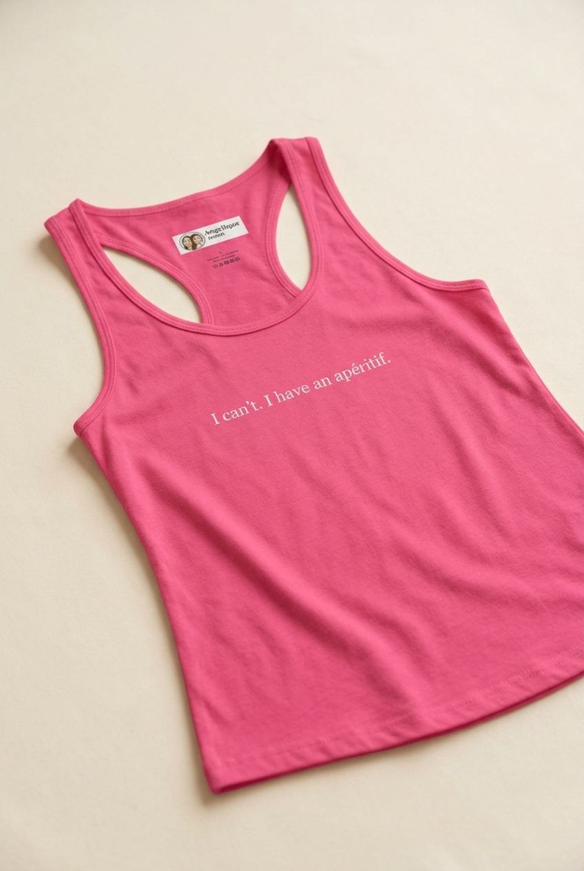 Lifestyle photo of women's tank top with apéritif quote, soft drape, natural lighting, neutral indoor background.