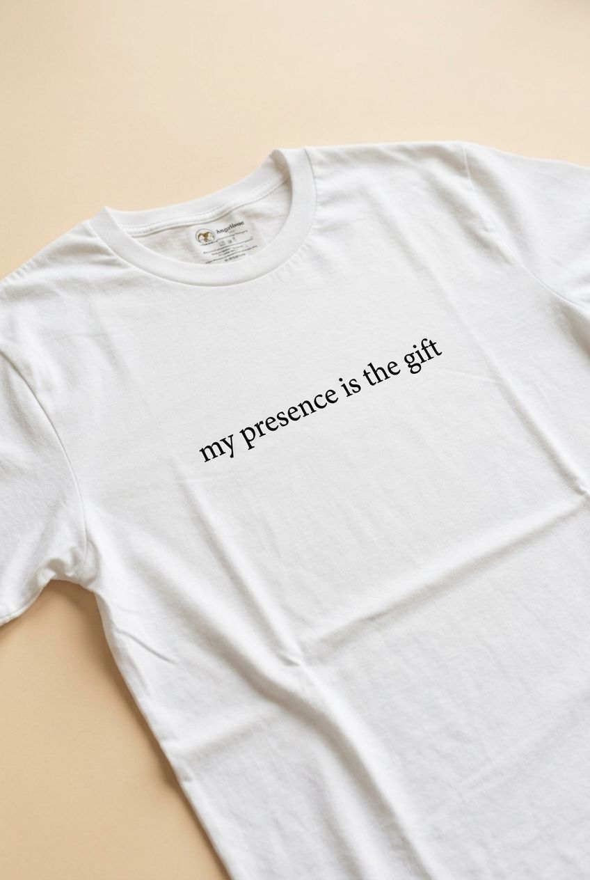 Relaxed fit unisex t-shirt with slogan, showcased on a model in an uncluttered indoor space with warm pastel tones and diffuse light.