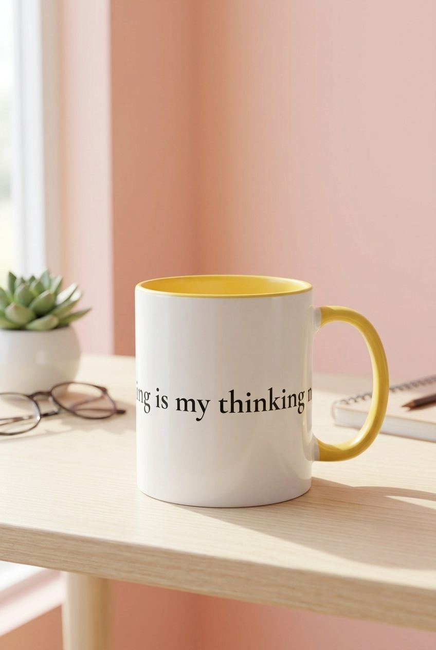 Close-up of the ceramic mug with colorful accents and bold text, ideal for morning coffee or tea rituals.