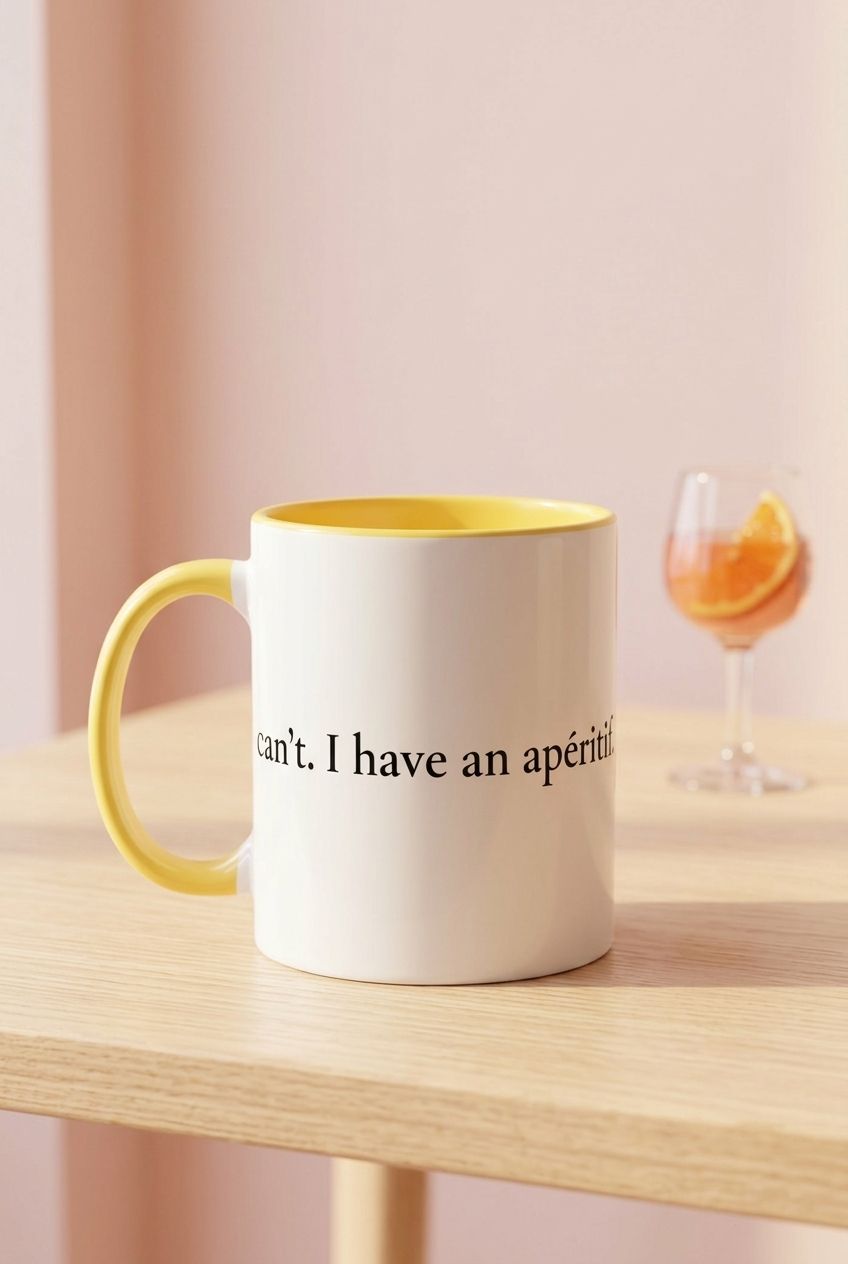 Premium ceramic mug with witty French phrase and colored accents, perfect for adult coffee lovers with attitude
