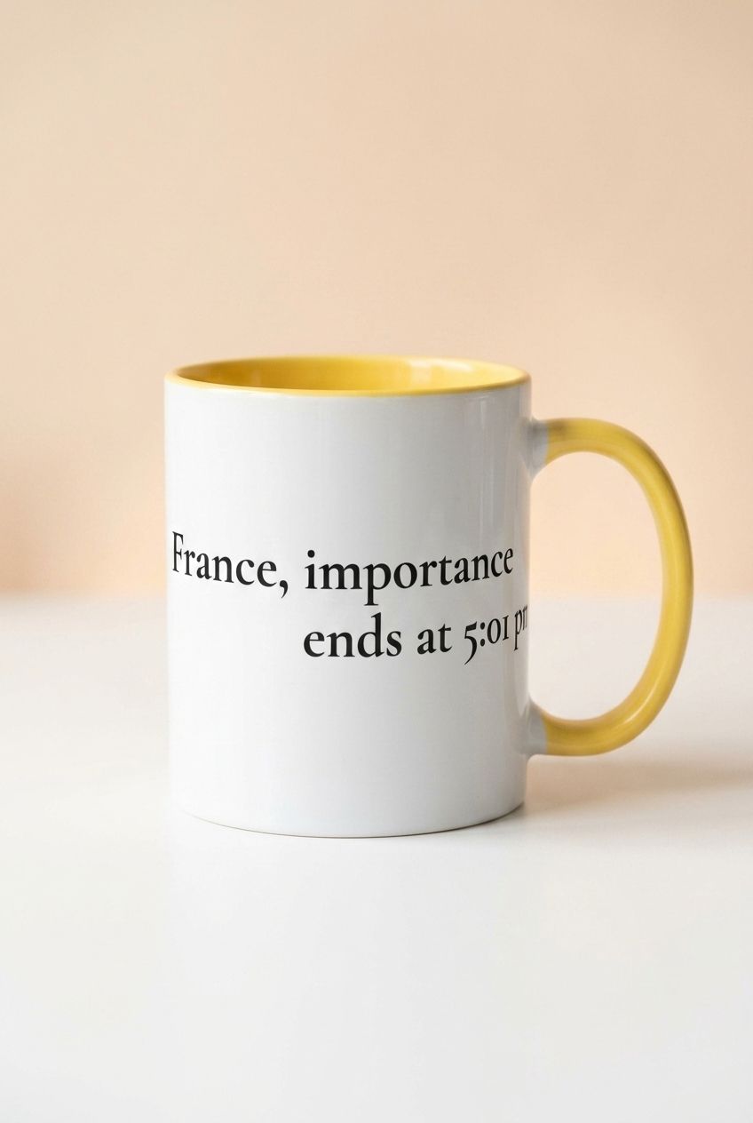 Photorealistic image of Angelique Joan’s chic mug from the 'By Claire' collection, showcasing witty French line against a warm pastel backdrop.