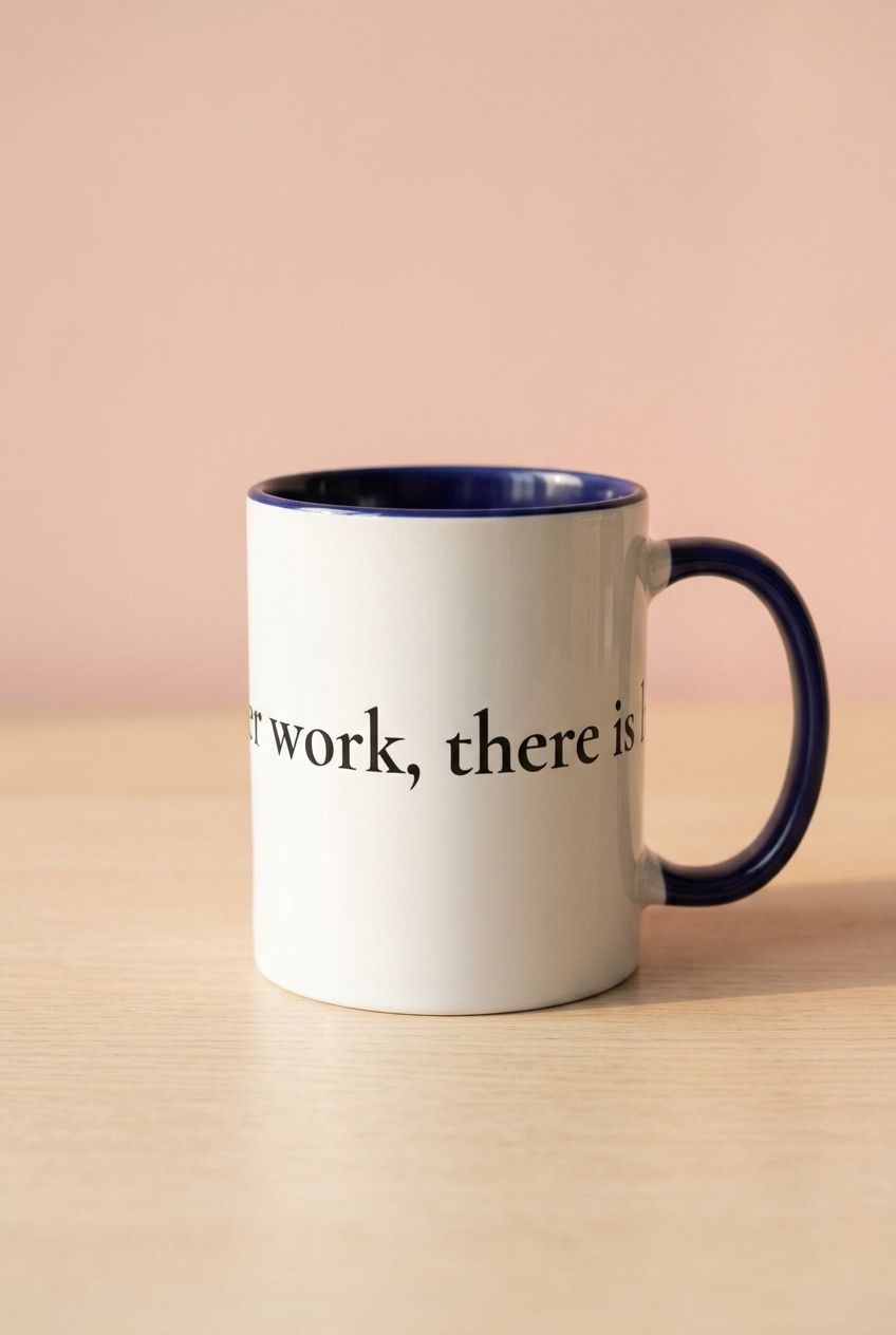 'After work, there is life' mug displayed in a bright, airy scene emphasizing its witty French quote on a warm pastel backdrop.