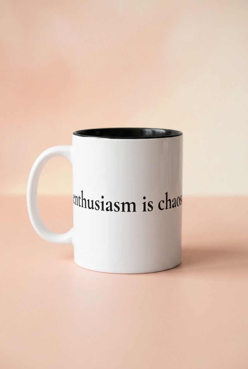 Vibrant mug featuring bold graphic design inspired by main-character attitude, placed against a warm pastel background.