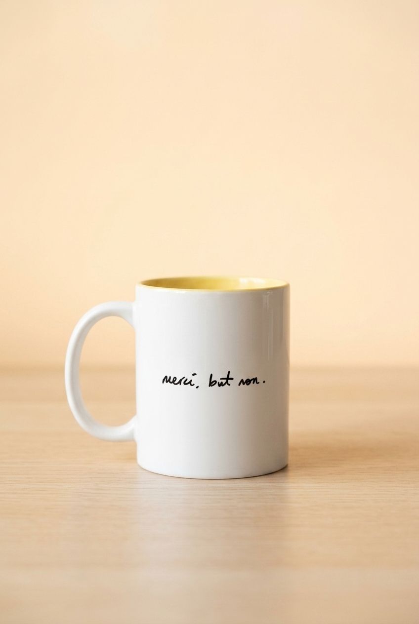 Ceramic 'merci, but non.' signature mug with French wit on a warm pastel background, lifestyle setting, minimal airy studio aesthetic.