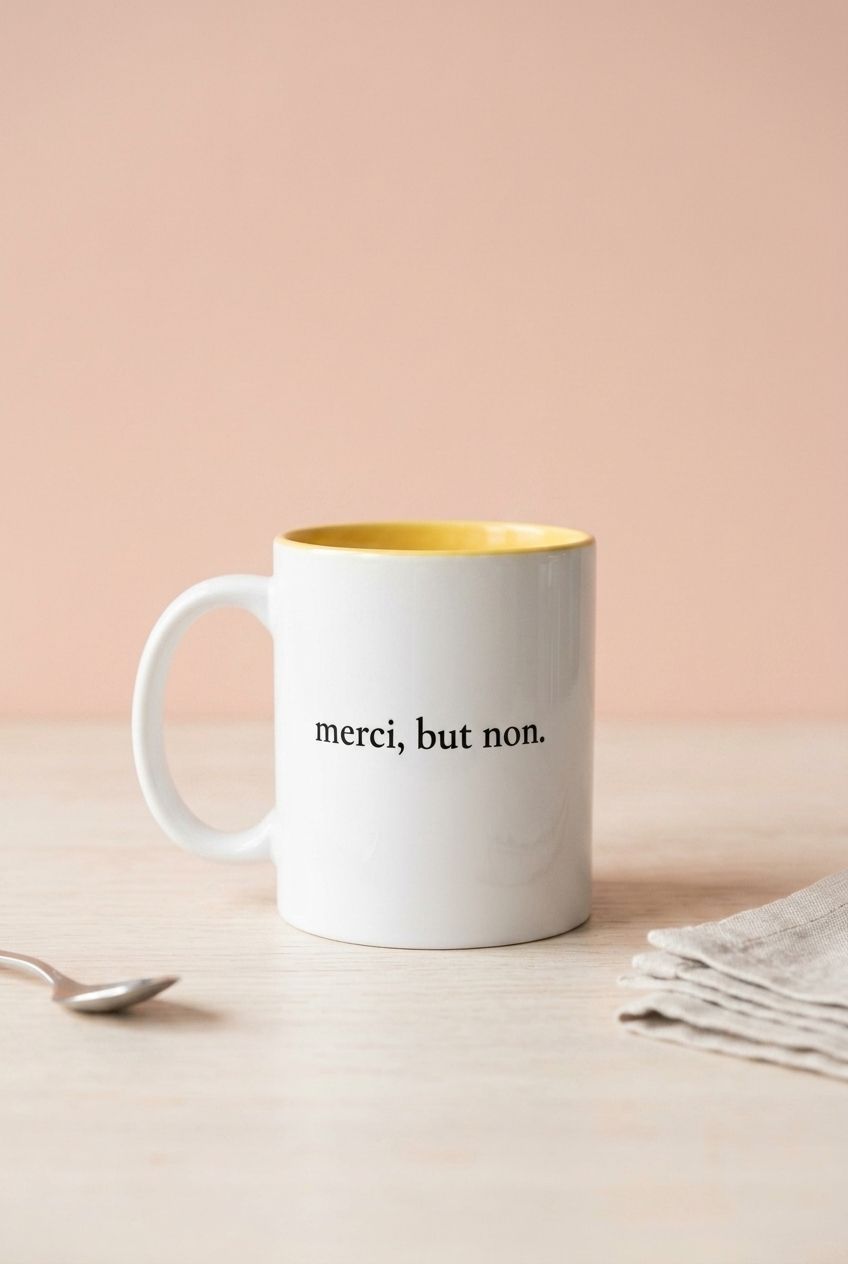 Ceramic mug featuring 'merci, but non.' phrase from French icon Claire, with a warm pastel background, minimal aesthetic.