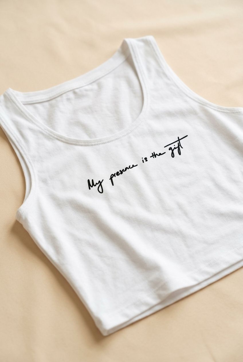 Close-up of the white crop top displaying the centered chest print on a modeled figure, with natural fabric fold details.