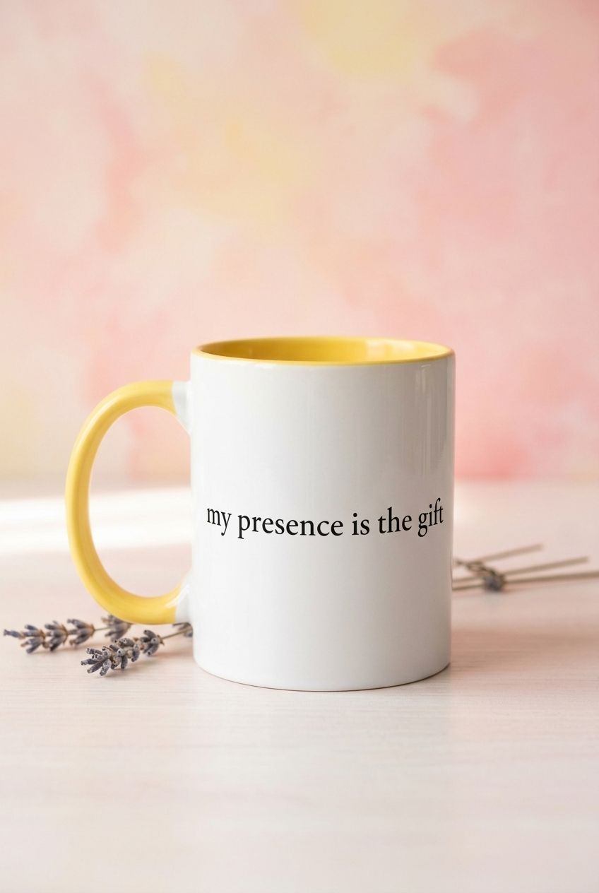 Close-up of 'my presence is the gift' ceramic mug with signature French witty line, styled with a warm pastel background for a lifestyle shot.