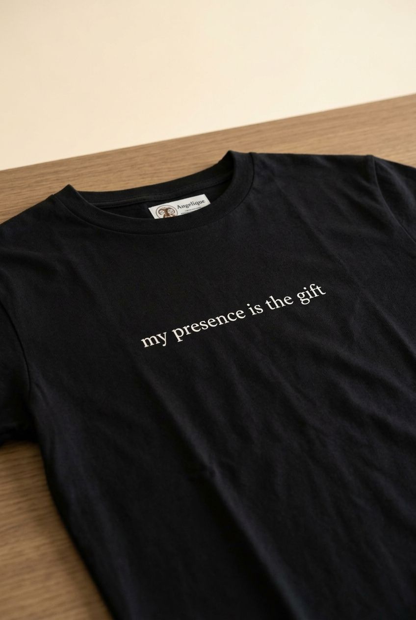 Unisex dark t-shirt with 'my presence is the gift' print, centered on a clean flat surface in natural light with soft folds.