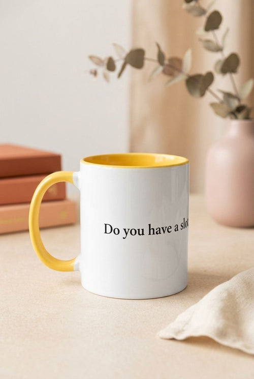 Lifestyle shot of premium ceramic mug from Angelique Joan's 'By Claire' collection with French-inspired design.