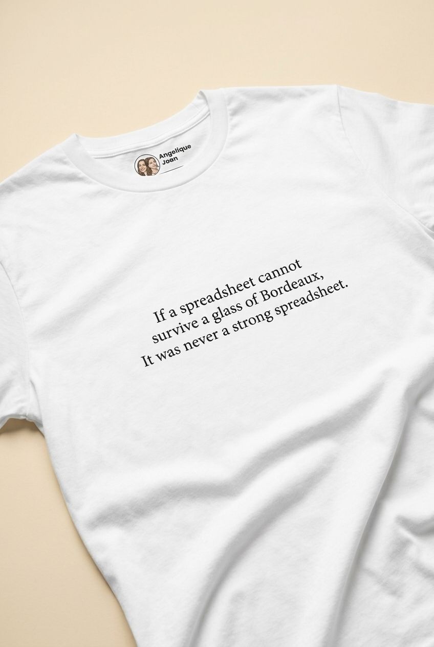 Front view of white unisex t-shirt with 'if a spreadsheet cannot' text on chest, displayed on a flat wooden surface with soft daylight.