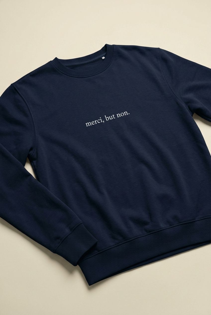 Photorealistic lifestyle shot of unisex organic sweatshirt with 'merci, but non.' slogan, front view, soft natural light, neutral indoor background.