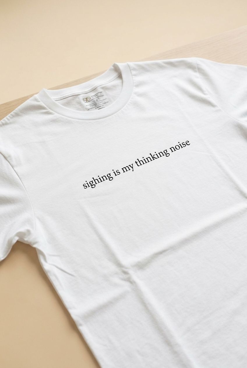 Front view of white cotton unisex t-shirt with centered graphic text, placed on a wooden table in soft natural light.