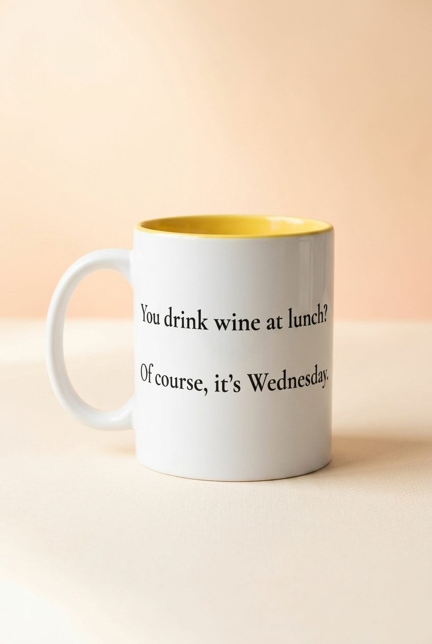 Ceramic wine at lunch mug featuring witty French phrase inspired by Claire, with a pastel background and minimalist style.